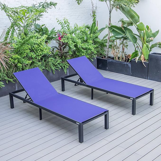 LeisureMod Marlin Aluminum Outdoor Chaise Lounge Chair (Set of 2) - Mesh Sling Fabric Seat Black Aluminum Frame Beach - Photo 1