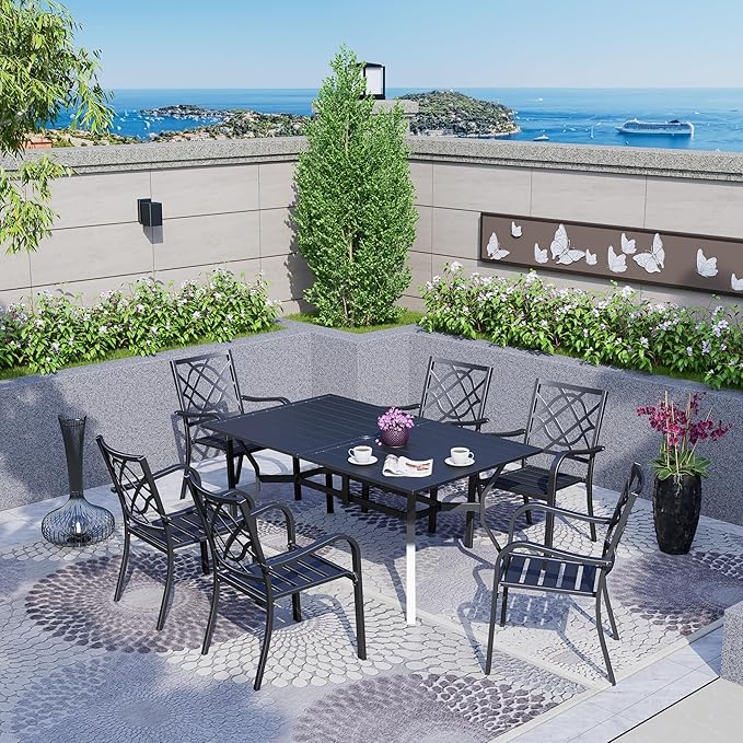 SOLAURA Outdoor Dining Table, 60" x 38" Patio Metal Steel Slat Table for 6-Person with 1.57" Umbrella Hole - Photo 5