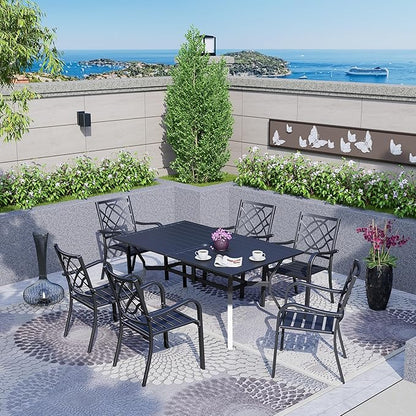 SOLAURA Outdoor Dining Table, 60" x 38" Patio Metal Steel Slat Table for 6-Person with 1.57" Umbrella Hole, for Gardens or Backyards, Black