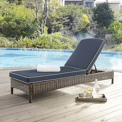Crosley Furniture Bradenton Reclining Wicker Outdoor Chaise Lounge Chair for Patio, Deck, Backyard, Poolside, Brown with Navy Cushions