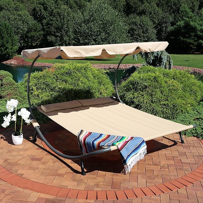 Sunnydaze Outdoor Double Chaise Lounge Bed with Canopy and Headrest Pillow - Beige Fabric with Black Powder-Coated - Photo 2