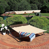 Sunnydaze Outdoor Double Chaise Lounge Bed with Canopy and Headrest Pillow - Beige Fabric with Black Powder-Coated - Photo 2