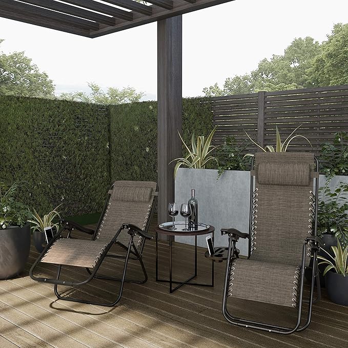 Lavish Home Zero Gravity Lounge Chairs- Set of 2- Gray Folding Anti-Gravity Recliners- Side Table, Cup Holder & Pillow-for Outdoor Lounging