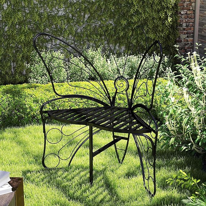 Pink Butterfly Benches Outdoors, Pretty Garden Bench & Cute Metal Outside Bench, Front Porch Benches Outdoor with Sturdy Frame for Lawn Yard Balcony (Black 1)