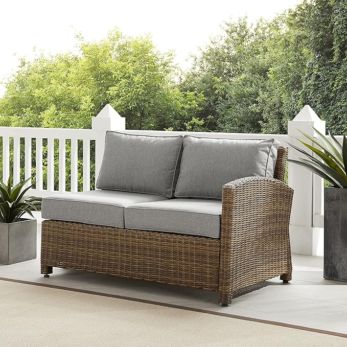 Crosley Furniture Bradenton Outdoor Sectional Right Side Loveseat, 2-Person Wicker Patio Couch for Deck, Brown with Gray Cushions