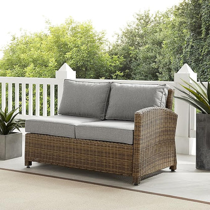 Crosley Furniture Bradenton Outdoor Sectional Right Side Loveseat, 2-Person Wicker Patio Couch for Deck, Brown with Gray Cushions
