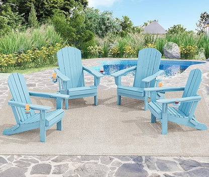 SERWALL Adirondack Chair with Cup Holders - Composite Adirondack Chairs Set of 8 HDPE Outdoor Chairs All Weather Use- Light Blue