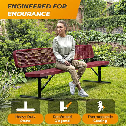 Heavy-Duty Outdoor Metal Bench, Thermoplastic-Coated, Portable, Weatherproof, Commercial-Grade for Parks, Gardens, Patios, Stores & More (8 Ft - Portable with Back, Red)