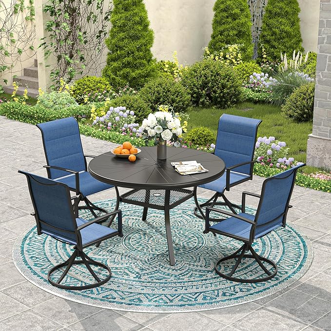 VICLLAX Round Patio Dining Table, 4 Person Aluminum Outdoor Dining Table with Umbrella Hole and Storage Shelf for Garden Lawn Deck, 40.6" Black