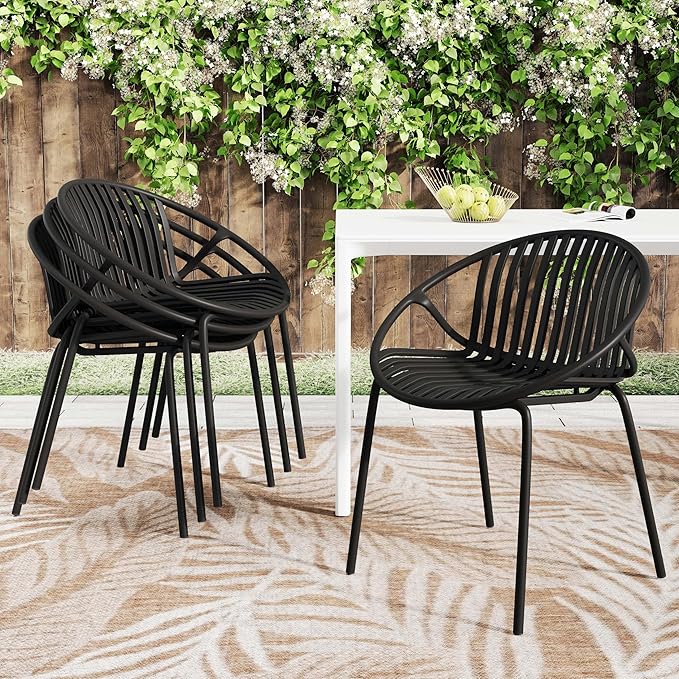 2 Pieces Outdoor Dining Chair,Modern Style Patio Dining Chairs,Breathable Design Stackable Lawn Chairs,Metal Legs+Plastic Backrest,for Patio Or Restaurant Garden (Black)