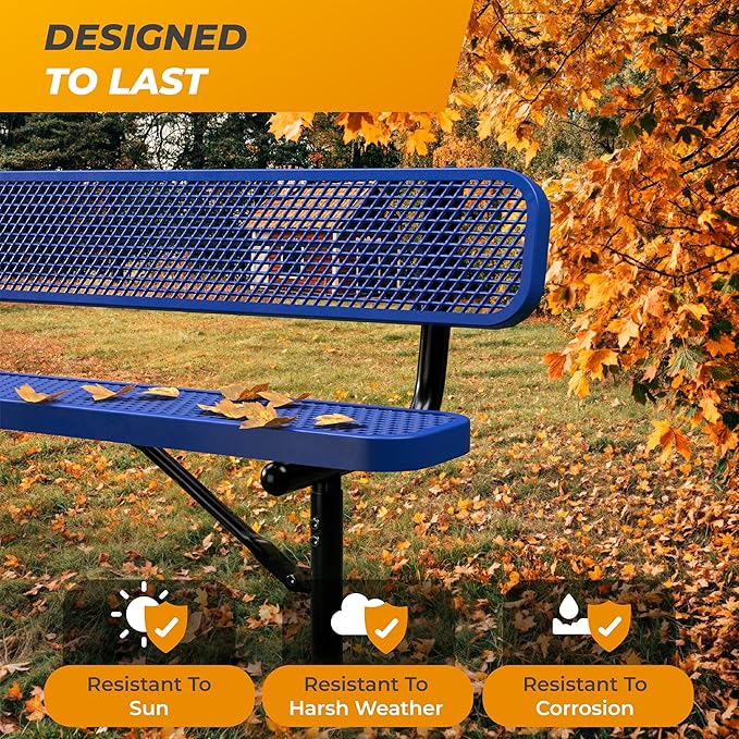 Heavy-Duty Outdoor Metal Bench, Thermoplastic-Coated, Surface, Weatherproof, Commercial-Grade for Parks, Gardens, Patios, Stores & More (4 Ft - Surface with Back, Blue)