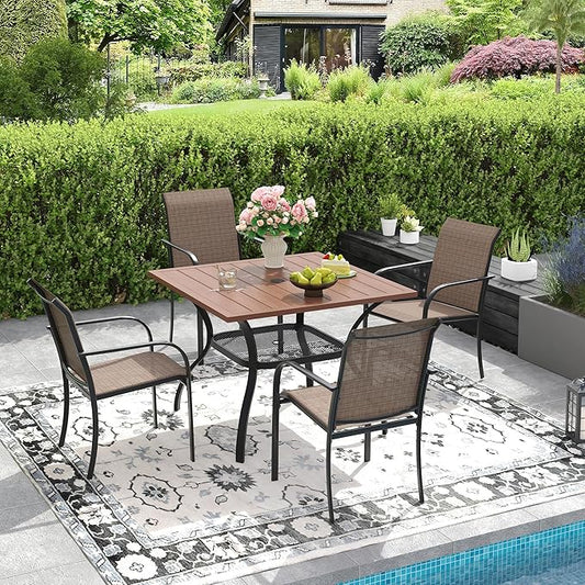 DIFY Outdoor Dining Table, Patio Square Metal Dining Table with 1.57" Umbrella Hole for 4 Person, Ideal for Poolside, Deck, Garden and Balcony, Walnut