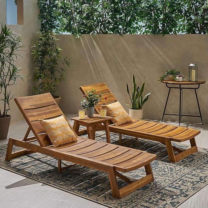 Christopher Knight Home Outdoor Acacia Wood 3 Piece Chaise Lounge Set - Photo 2