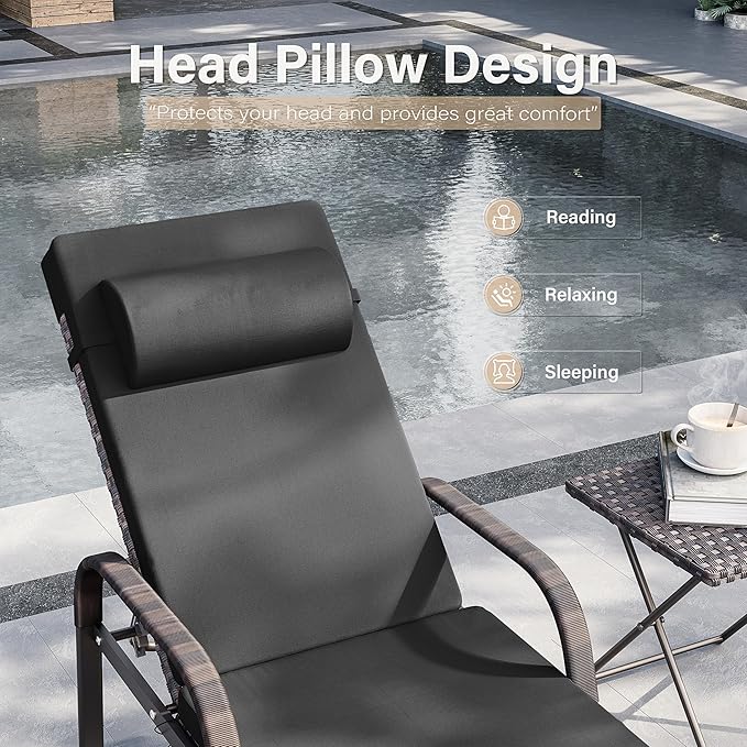 Kurapika Patio Chaise Lounge Set 3 Pieces Outdoor Lounge Chair, Rattan Reclining Chair Adjustable Backrest, Pool Sunbathing Recliners with Folding Table for Poolside Beach, Black