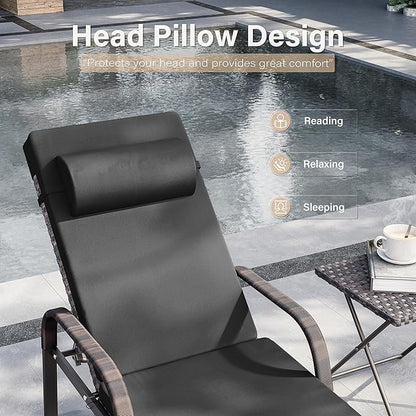 Kurapika Patio Chaise Lounge Set 3 Pieces Outdoor Lounge Chair, Rattan Reclining Chair Adjustable Backrest, Pool Sunbathing Recliners with Folding Table for Poolside Beach, Black