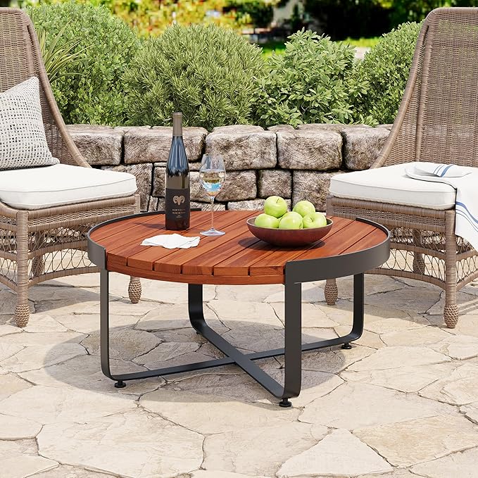Merax Outdoor Coffee Table 31.5" Round Acacia Wood Tabletop with Metal Frame for Patio, Garden & Poolside - Photo 5
