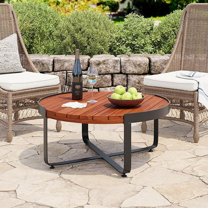 Christopher Knight Home Dolly Outdoor Round Coffee Table, Slat Panel Coffee Table, Acacia Wood and Metal Frame, Cross Metal Leg Support, Wooden Side Desk for Backyard Balcony Garden, Mahogany