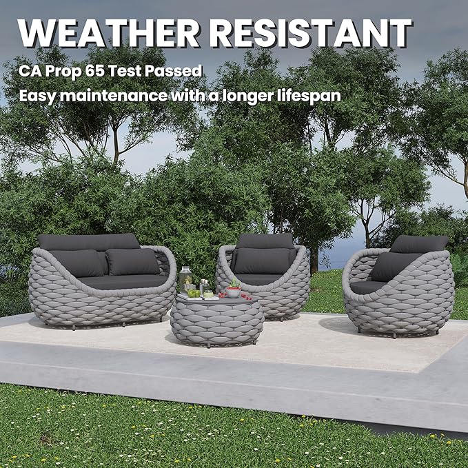 Short Round Patio Coffee Table: Hand Woven Rope Side Tables Assembled - Aluminum Outdoor Accent Table Modern - Metal - Photo 3