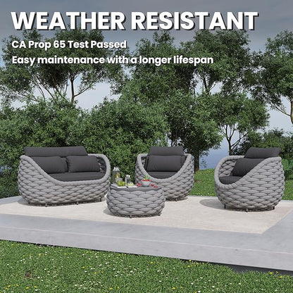 Short Round Patio Coffee Table: Hand Woven Rope Side Tables Assembled - Aluminum Outdoor Accent Table Modern - Metal Porch Furniture for 176lbs Deck Garden Pool Balcony Hotel, φ25.6''/65cm, Gray