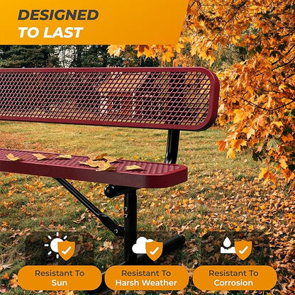 Heavy-Duty Outdoor Metal Bench, Thermoplastic-Coated, Inground, Weatherproof, Commercial-Grade for Parks, Gardens, Patios, Stores & More (8 Ft - Inground with Back, Red)