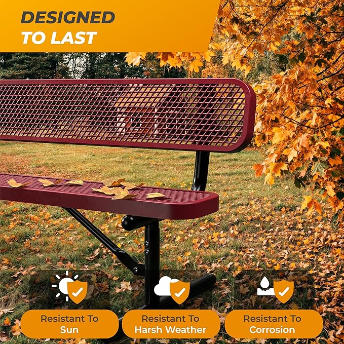 Heavy-Duty Outdoor Metal Bench, Thermoplastic-Coated, Portable, Weatherproof, Commercial-Grade for Parks, Gardens, Patios, Stores & More (8 Ft - Portable with Back, Red)