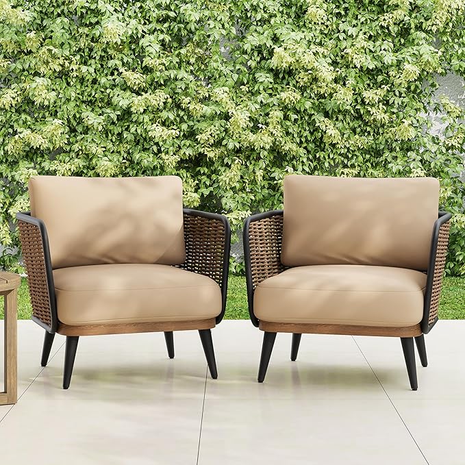 Christopher Knight Home Xayah Patio Wicker Accent Chair Set of 2, Outdoor Lounge Chair with Water-Resistant Cushion, Woven Faux Rattan Backrest & Armrest, Sturdy Metal Frame Armchair, Brown + Khaki