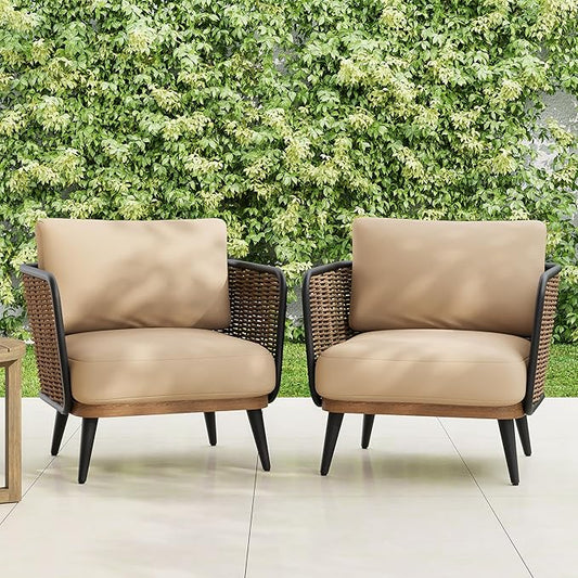 Christopher Knight Home Xayah Patio Wicker Accent Chair Set of 2, Outdoor Lounge Chair with Water-Resistant Cushion, Woven Faux Rattan Backrest & Armrest, Sturdy Metal Frame Armchair, Brown + Khaki