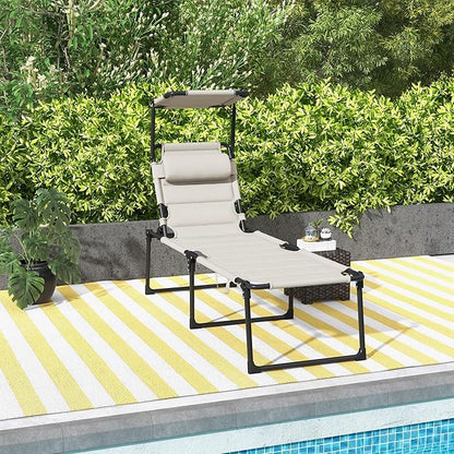 3-in-1 Oversized Sun Tanning Chair with Mat & Face Hole, Heavy Duty Folding Chaise Lounge - 5-Position Adjustable Outdoor Chair for Beach, Pool, Patio, Lawn, Yard - Includes Pillow (Cream White)