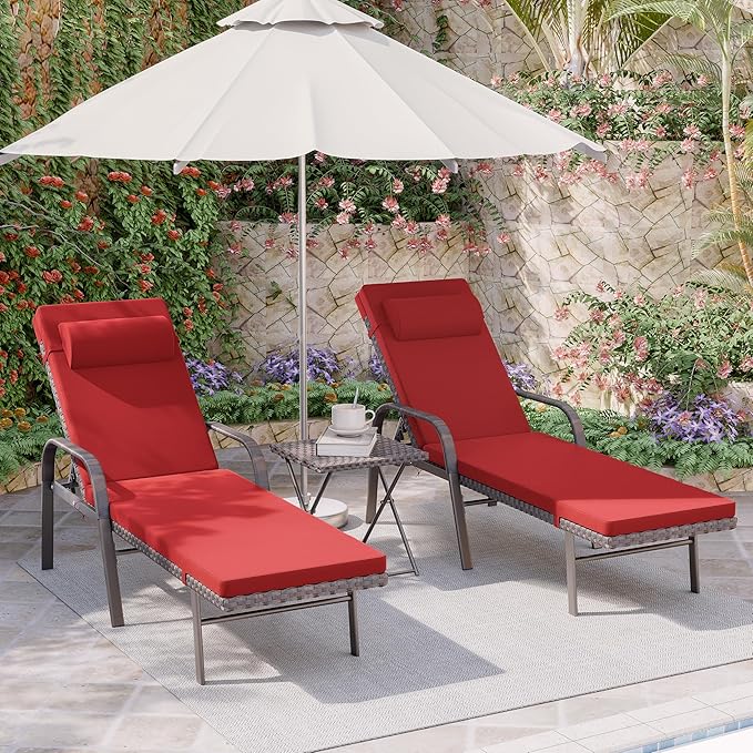 3 Pieces Patio Chaise Lounge Set Outdoor PE Rattan Armrest Lounge Chair Adjustable Backrest Reclining Chair with Folding Table and Cushion for Patio Poolside Backyard Porch Beach(Red)