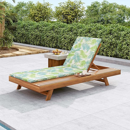 Acacia Wood Outdoor Chaise Lounge with Open Slatted Side, 4-Position Pool Lounge Chairs with All-Weather Cushion, Teak Finish Reclining Patio Chair, 300Lbs Capacity (Green Leaf, 2 inch)