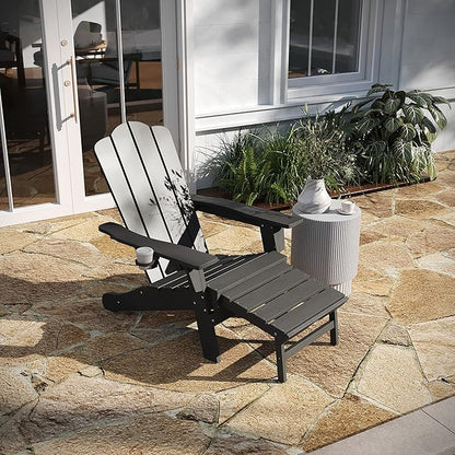 Taylor & Logan Hedley Adirondack Chair with Cup Holder and Pull Out Ottoman, All-Weather HDPE Indoor/Outdoor Lounge Chair in Gray, Set of 2