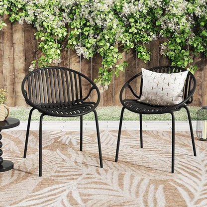 Christopher Knight Home Set of 2 Tita Modern Patio Outdoor Dining Chairs, Stacking Chair, Outside Dinner, Garden/Balcony/Poolside Stackable Accent Chairs, Metal Legs, Plastic Cutout Backrest, Black