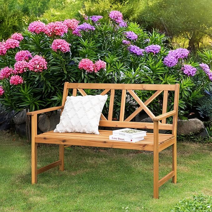 Outdoor Garden Bench Wood Bench in Natural Acacia Wood with Cross Back Design, Patio Dining Furniture for Front Porch, Patio, Lawn, Balcony, Yard, Porch, 47.2" x 24" x 35.4"