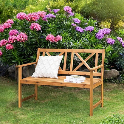 Outdoor Garden Bench Wood Bench in Natural Acacia Wood with Cross Back Design, Patio Dining Furniture for Front Porch, Patio, Lawn, Balcony, Yard, Porch, 47.2" x 24" x 35.4"