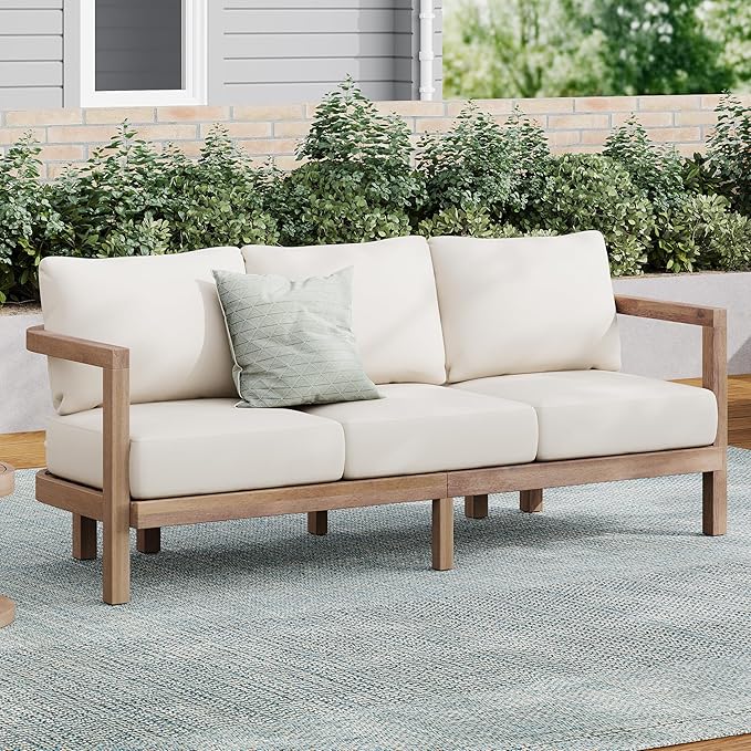 Merax 3 Seater Outdoor Acacia Wood Patio Sofa with Cushions for Porch, Garden, Backyard, Balcony, Brown wash - Photo 2