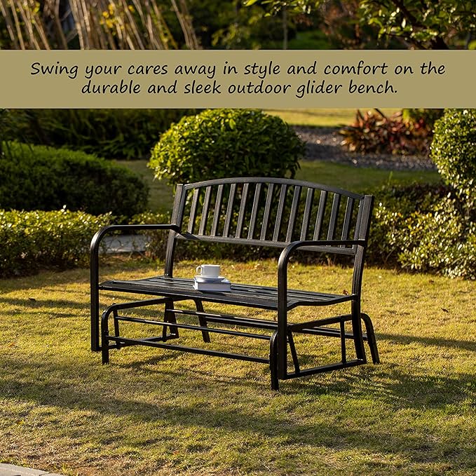Gardenised QI003392 Outdoor Black Steel Swing, Powder Coated Glider Bench, Loveseat Lawn Rocker Bench for Yard, Patio, Garden and Deck