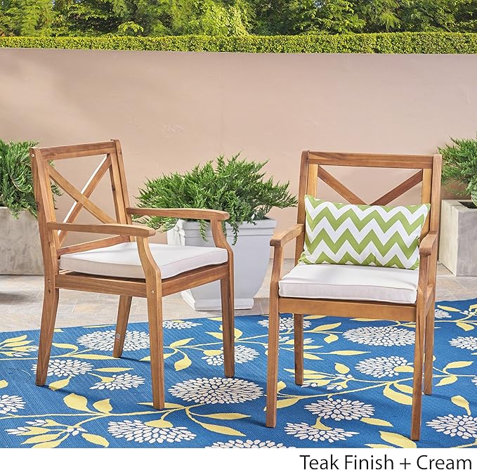 Christopher Knight Home Peter | Outdoor Acacia Wood Dining Chair Set of 2, Teak/Cream Cushion - Photo 4