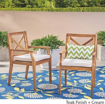 Christopher Knight Home Peter | Outdoor Acacia Wood Dining Chair Set of 2, Teak/Cream Cushion
