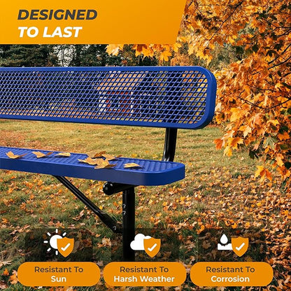 Heavy-Duty Outdoor Metal Bench, Thermoplastic-Coated, Inground, Weatherproof, Commercial-Grade for Parks, Gardens, Patios, Stores & More (8 Ft - Inground with Back, Blue)