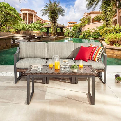 PatioFestival Wicker Patio Coffee Table Side Patio Bistro Table Metal Rattan Furniture with All Weather Steel Frame