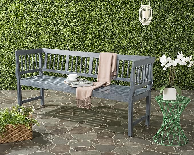 SAFAVIEH Outdoor Patio Furniture Collection – Brentwood Grey Distressed Acacia Wood Bench with Silver Accents, Classic Outdoor Seating for Porch or Garden (PAT6732B)
