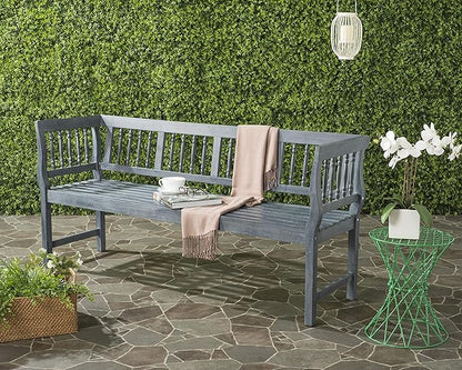 SAFAVIEH Outdoor Patio Furniture Collection – Brentwood Grey Distressed Acacia Wood Bench with Silver Accents, Classic Outdoor Seating for Porch or Garden (PAT6732B)