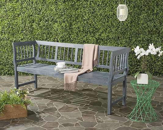 SAFAVIEH Outdoor Patio Furniture Collection – Brentwood Grey Distressed Acacia Wood Bench with Silver Accents, Classic Outdoor Seating for Porch or Garden (PAT6732B)