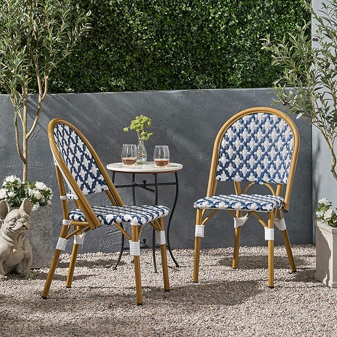 Christopher Knight Home Anastasia Outdoor French Bistro Chair (Set of 2), Blue + White + Bamboo Print Finish - Photo 2