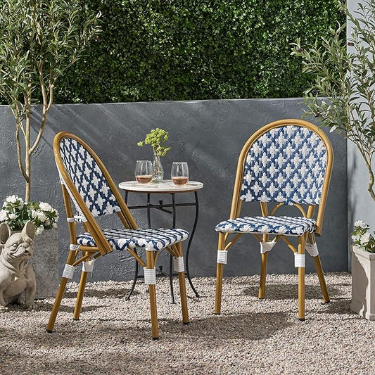 Christopher Knight Home Anastasia Outdoor French Bistro Chair (Set of 2), Blue + White + Bamboo Print Finish