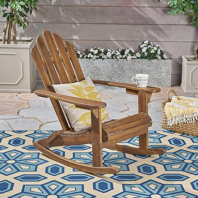 Christopher Knight Home Cara Outdoor Adirondack Acacia Wood Rocking Chair, Dark Brown Finish Hilton Outdoor Acacia Wood Folding Side Table, Teak Finish