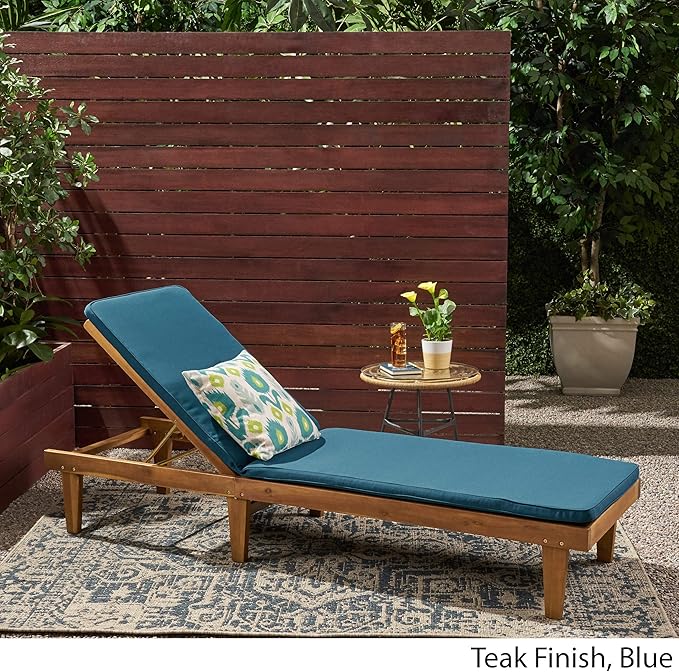 Great Deal Furniture Yvette Outdoor Acacia Wood Chaise Lounge and Cushion Set, Teak and Blue,309787 - Photo 3
