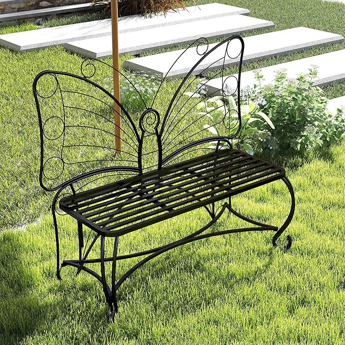 Cute Butterfly Bench Outdoor, Metal Garden Benches for Outdoors Patio Yard Lawn Balcony, Sturdy Frame (48 inch)
