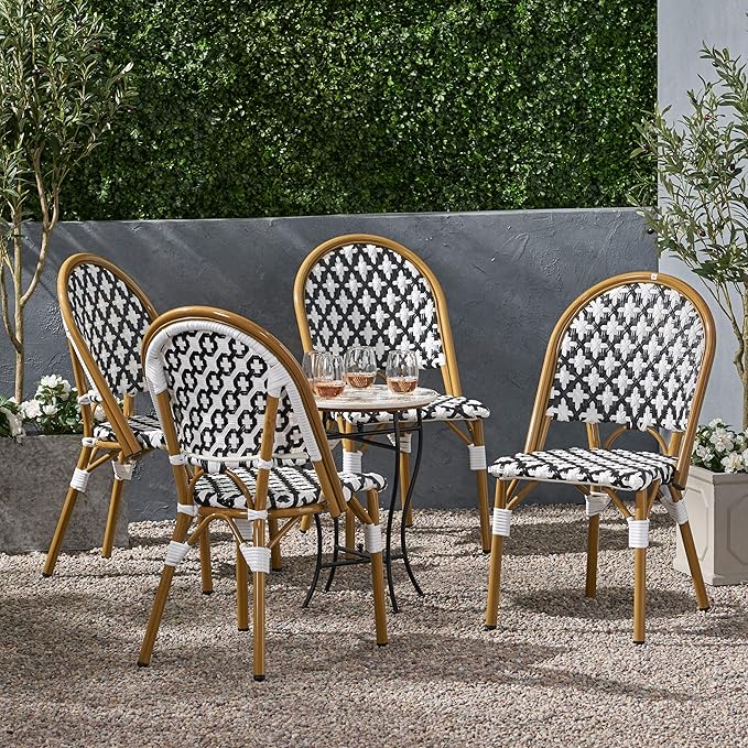 Christopher Knight Home Anastasia Outdoor French Bistro Chair (Set of 4), Black + White + Bamboo Print Finish - Photo 2