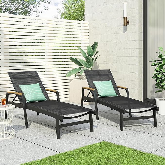 Christopher Knight Home Teresa Outdoor Aluminum Chaise Lounge with Mesh Seating (Set of 2), Black - Photo 2